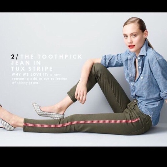 J.Crew 26 toothpick fatigue jeans tux stripe ankle olive green steampunk - Picture 4 of 8